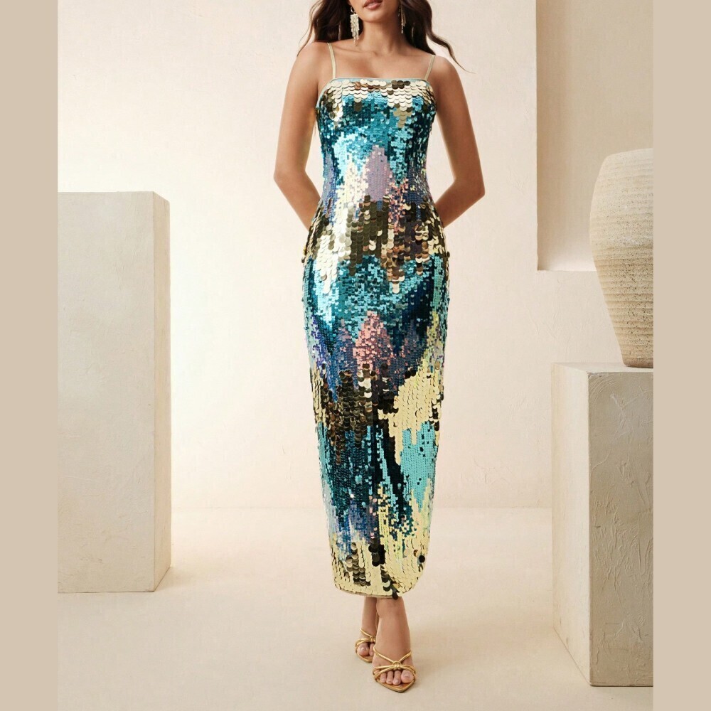 Blue Gold Sequin Spaghetti Strap Slim Fit Maxi Cocktail Dress